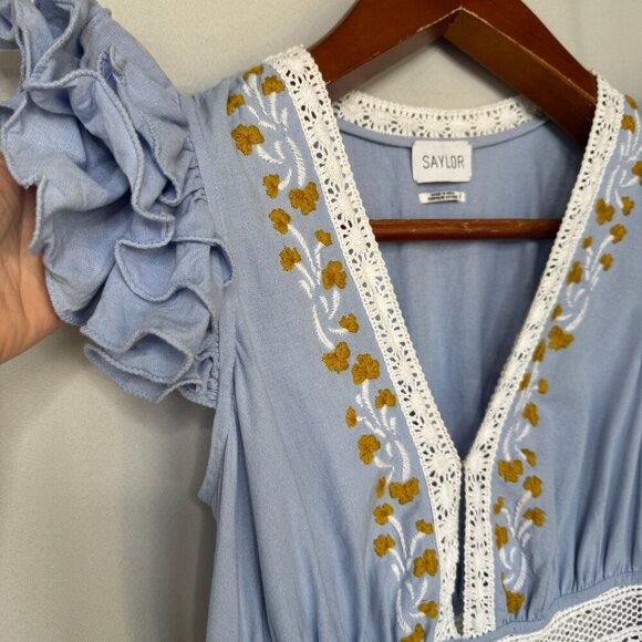 SAYLOR YUMI Cotton Linen Blue Ruffle Sleeve Lace Embroidered  Maxi Dress Size S - Picture 4 of 17